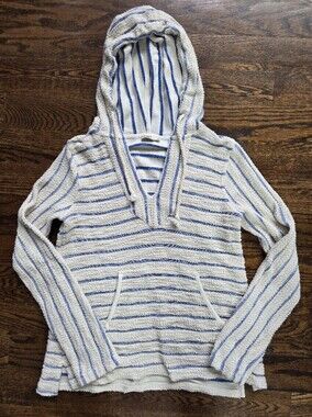 Faherty Blue & Cream Striped Hooded Textured Terry Knit Beachy Pullover